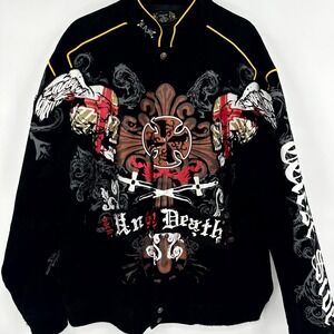 Raw Blue Bomber Jacket Men XL Multi Sword & Skull Graphic Hip Hop Y2K Snap Front
